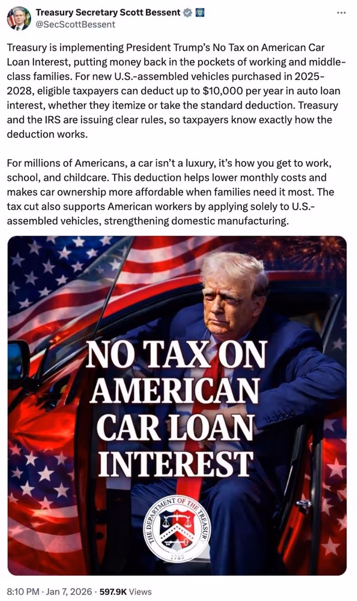 Treasury SecretaryScott Bessent touted the new auto loan tax deduction on X (Image: @SecScottBessent/X)