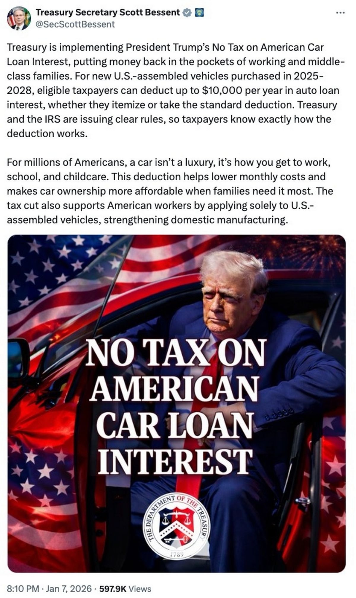 Treasury SecretaryScott Bessent touted the new auto loan tax deduction on X (Image: @SecScottBessent/X)