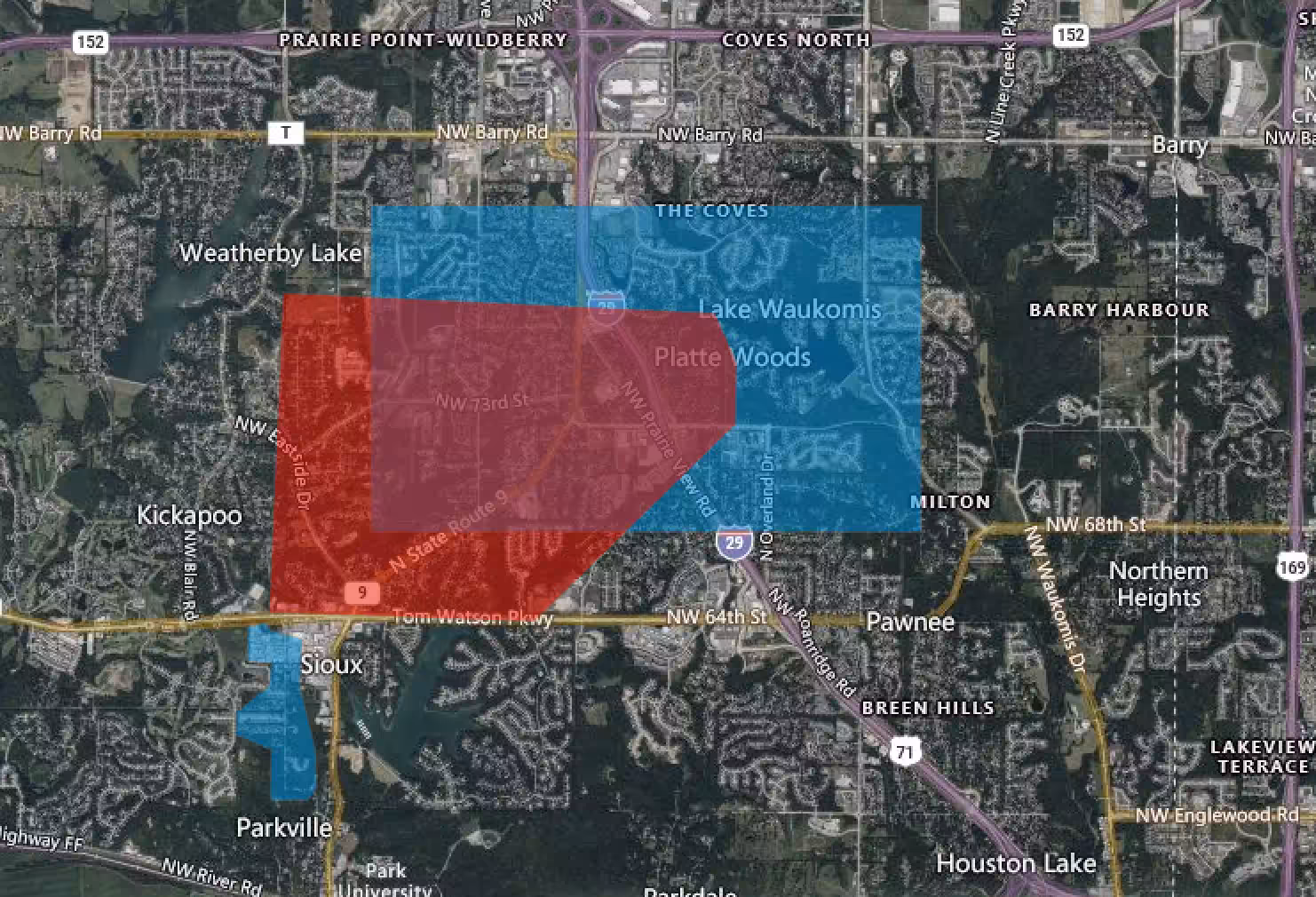 A map showing an area where a boil advisory is in effect (red) and a power outage (blue).
