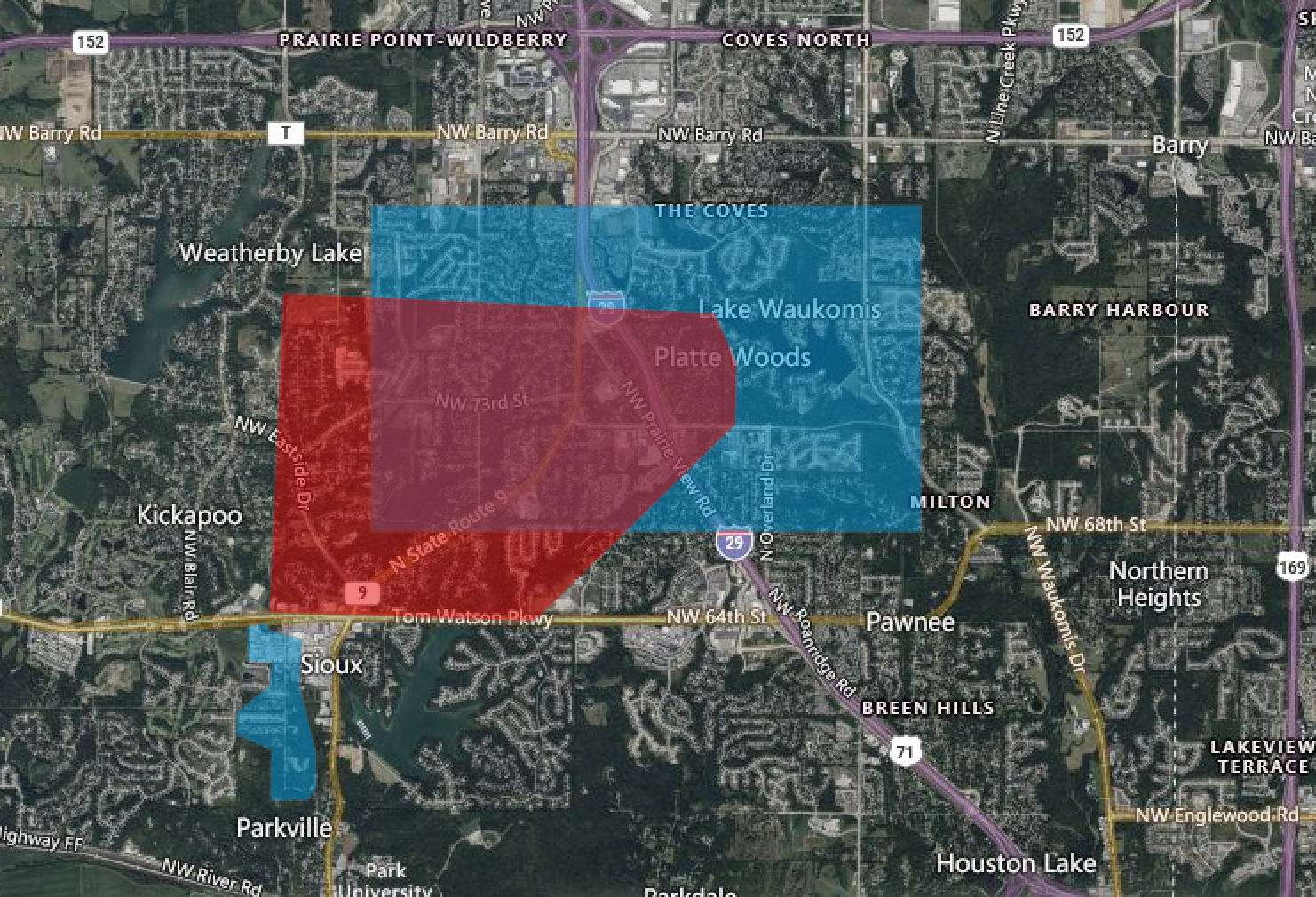 A map showing an area where a boil advisory is in effect (red) and a power outage (blue).