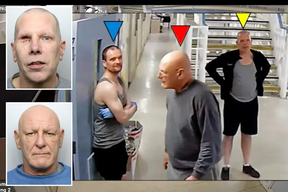 An image collage containing 3 images, Image 1 shows CCTV footage showing three prisoners, Lee Newell, Mark Fellows, and David Taylor, rushing Kyle Bevan's cell, Image 2 shows Mugshot of Lee Newell, a bald man with light skin, a partially closed left eye, and a slightly open mouth, wearing a gray t-shirt, Image 3 shows Mugshot of David Taylor, a bald white man in a blue sweatshirt